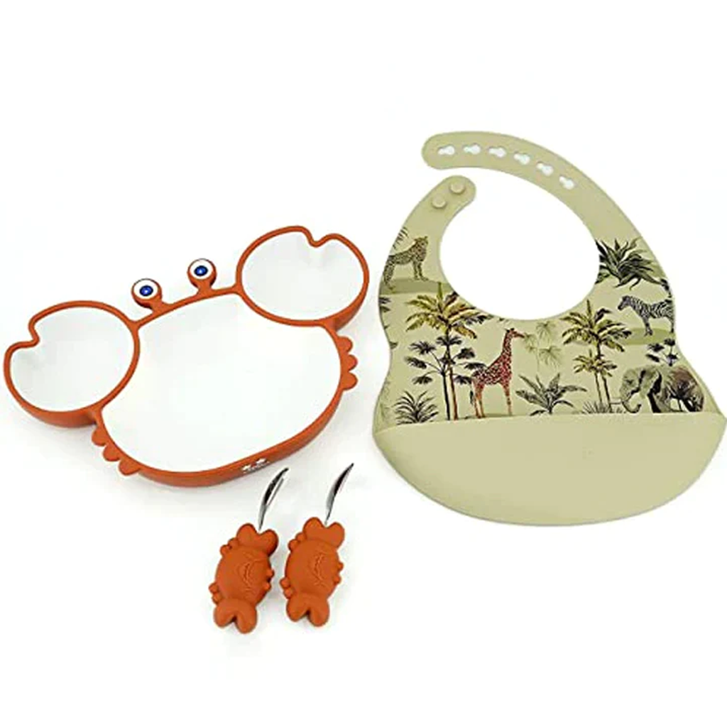 Silicone Suction Plates and Spoons Set with Baby Bibs