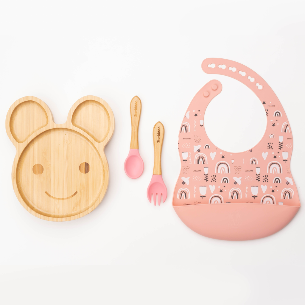 Teddy Shaped Bamboo Suction Plate & Printed Silicone Baby Bib
