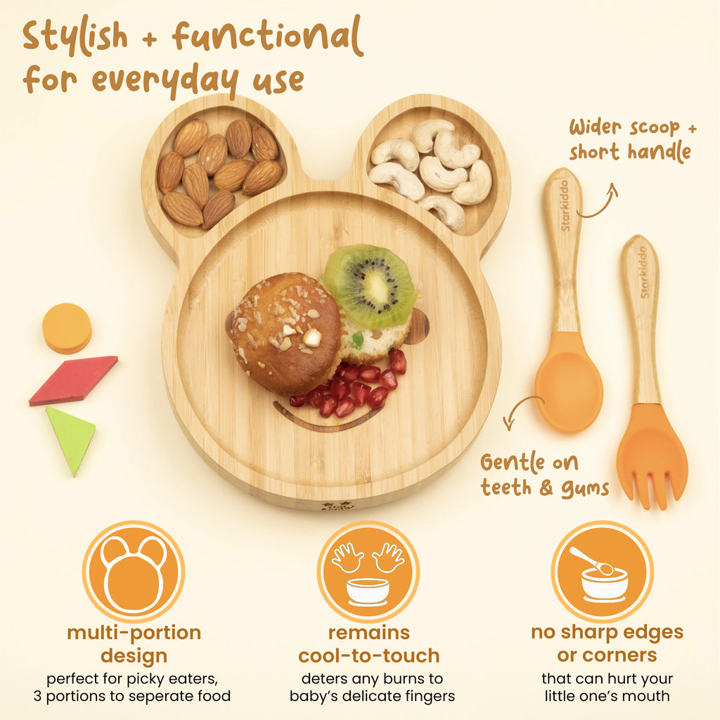 Wooden Suction Plates and Spoon Fork Set