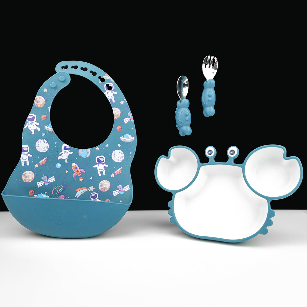 Crab Shape Silicone Suction Plates and Spoons with Bibs