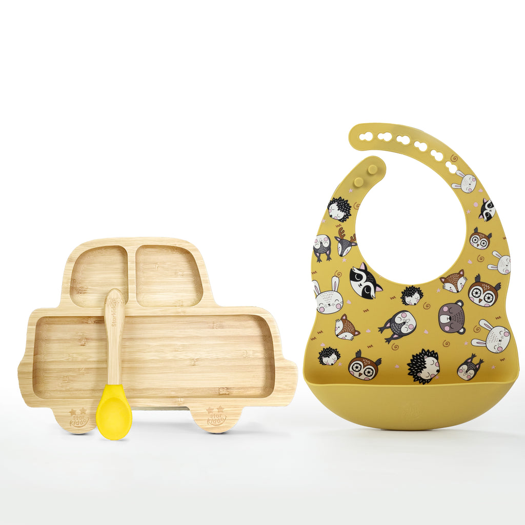  Cute Bibs and Bamboo Eco Friendly Plates for Infant