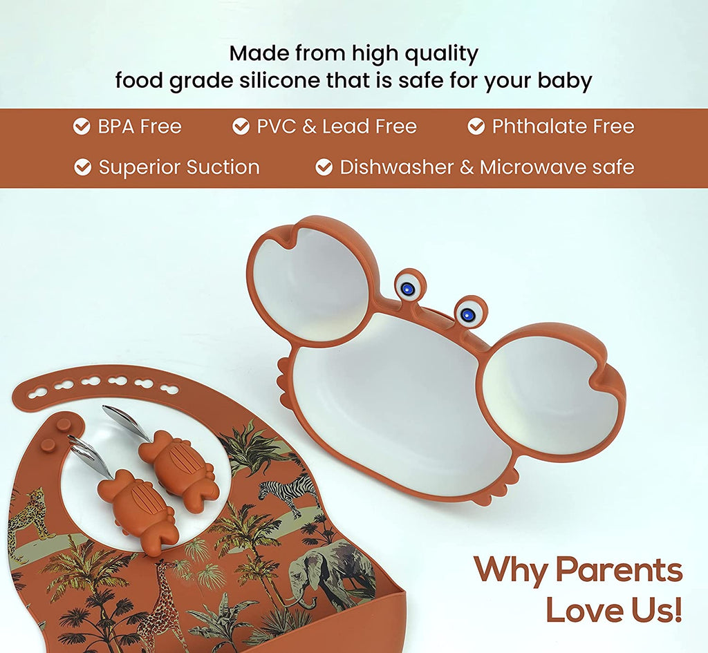 Silicone Suction Plate & Spoons with Bib