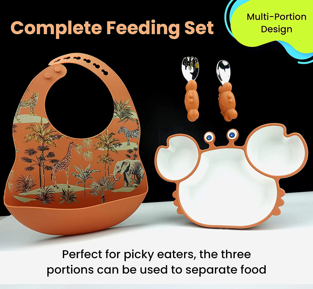 Silicone Suction Plate & Spoons with Bib Combo
