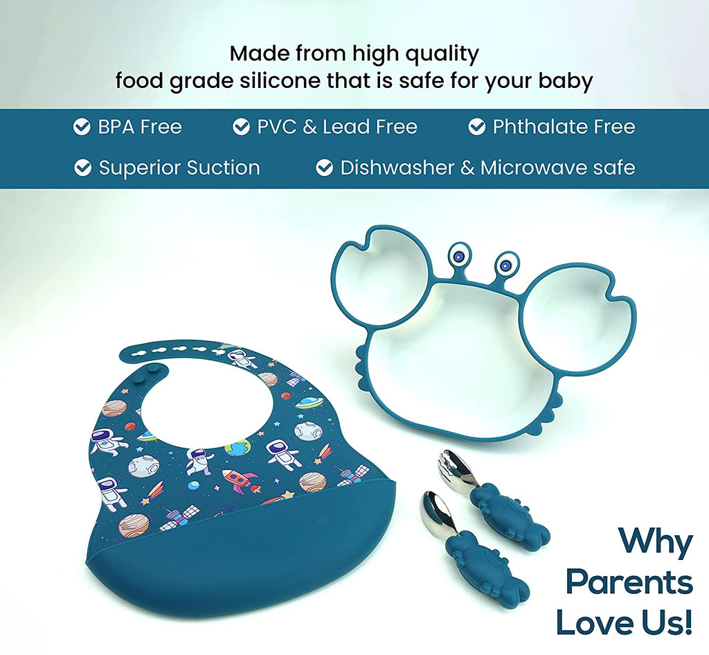 Crab Shape Silicone Suction Plates and Spoons with Bibs Sets